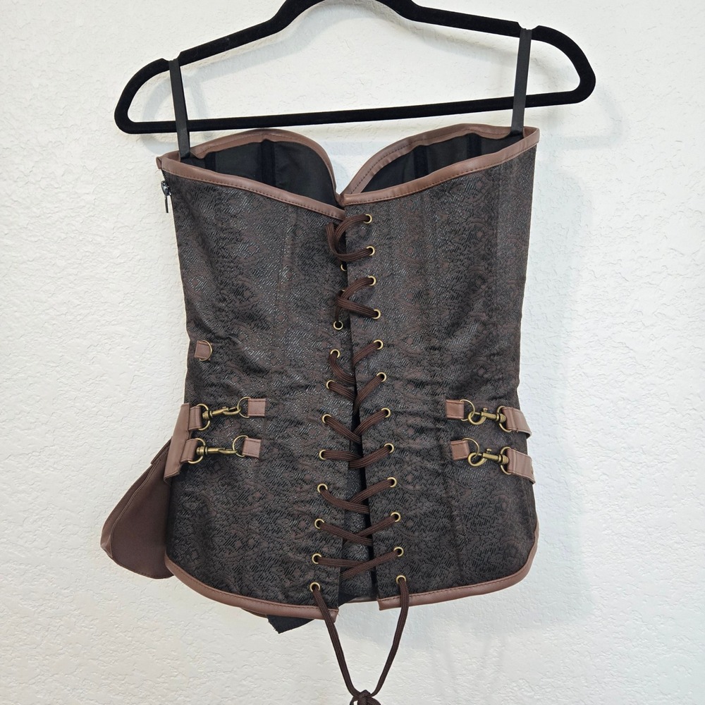 Charmian L Brown Steampunk Corset Top Faux Leather Accents Renaissance Cosplay - Picture 6 of 8